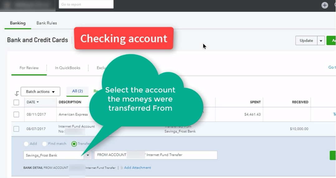 record a transfer from 2 different banks in quickbooks with a check for mac 2016