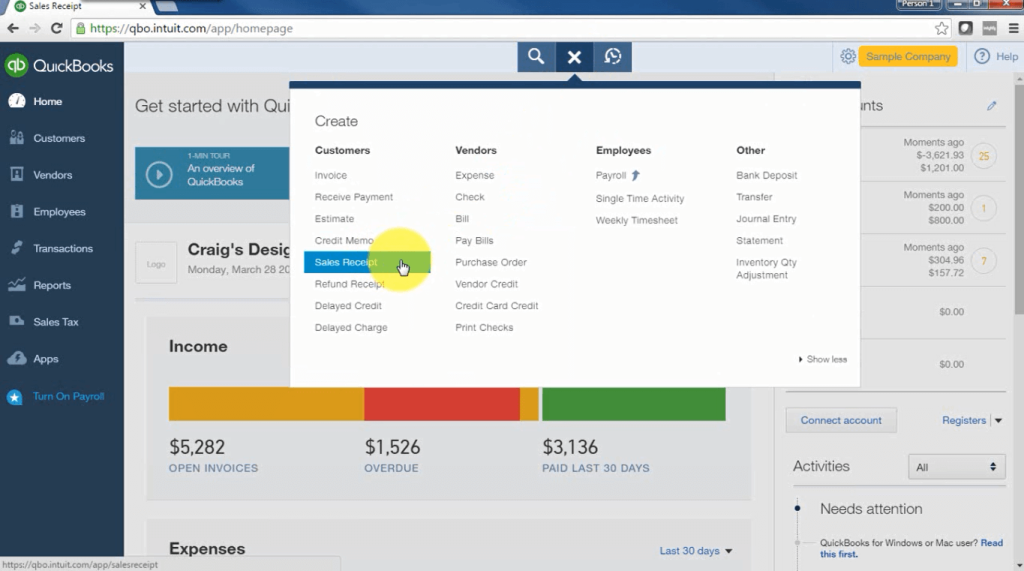 quickbooks sales receipt vs received payment