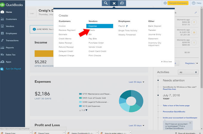 how to enter expenses in quickbooks online