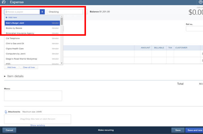 2. You will now see the enter Expense Window. Select a Payee for the expense. If it’s a new payee, you can type their name on the field and click Add. 